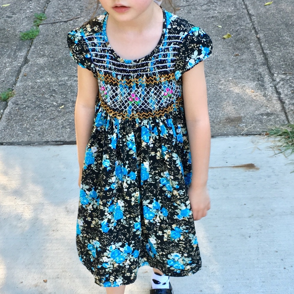 Blue Flowers Smocked Dress, 4T